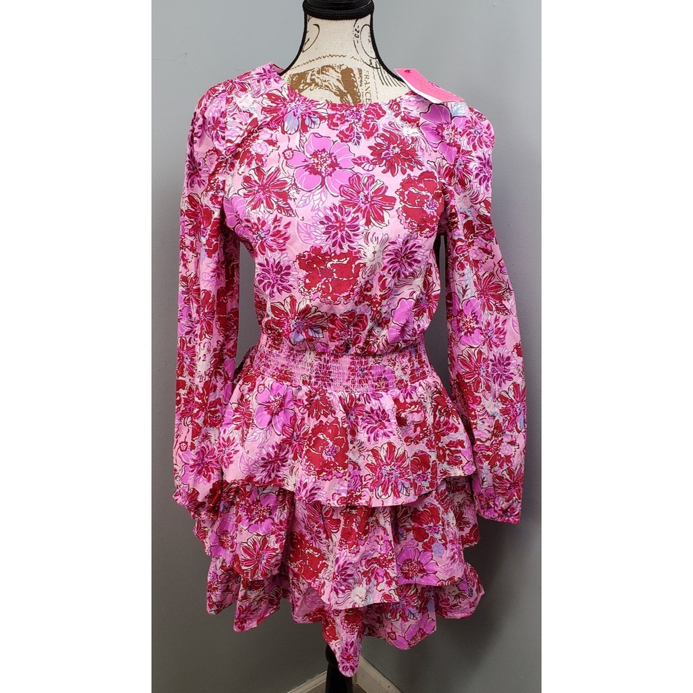 Lilly Pulitzer Khloey Cotton Dress Womens 12 Multicolor Lilac Thistle Tiered Hem